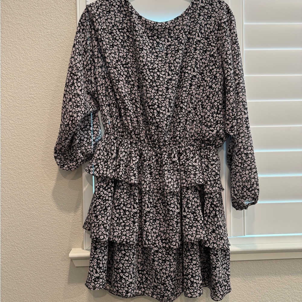 Floral Black and White Tiered Dress